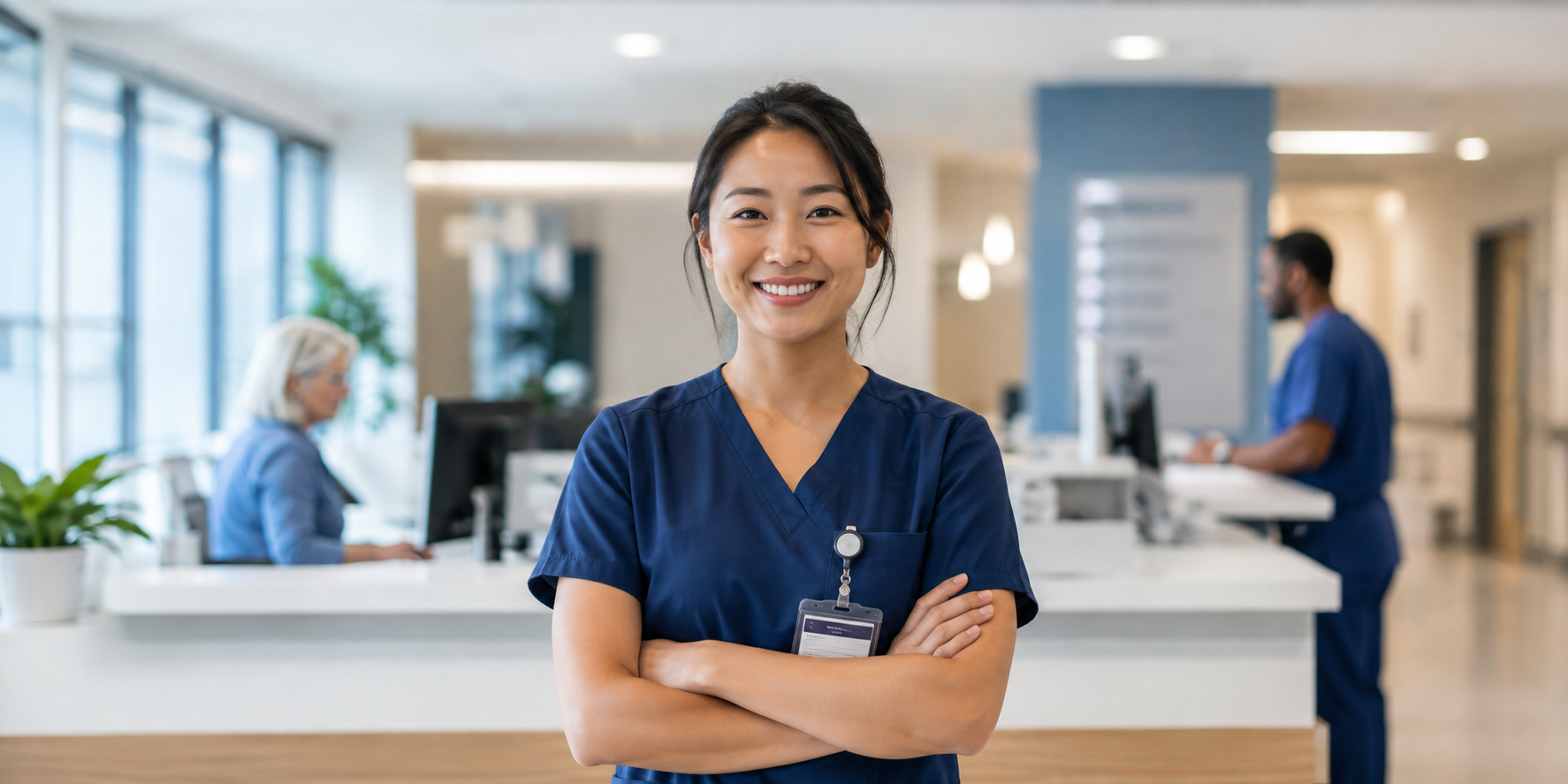 Outpatient registration nurse helping patient at check-in to support smoother PatientPath workflows