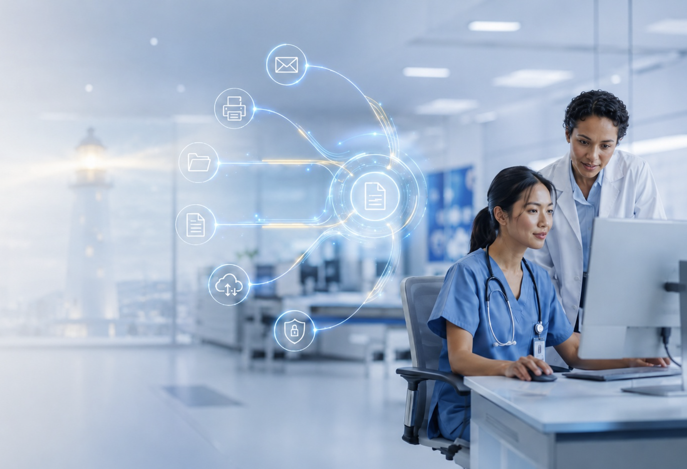 Healthcare team using secure clinical report distribution and data delivery workflows